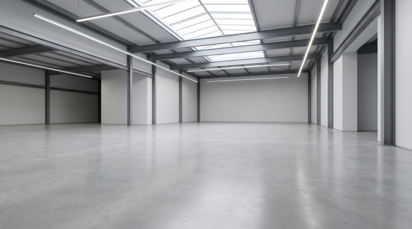 Industriehalle mit präzise verlegtem Industrieestrich und großzügiger Tageslicht-Verglasung