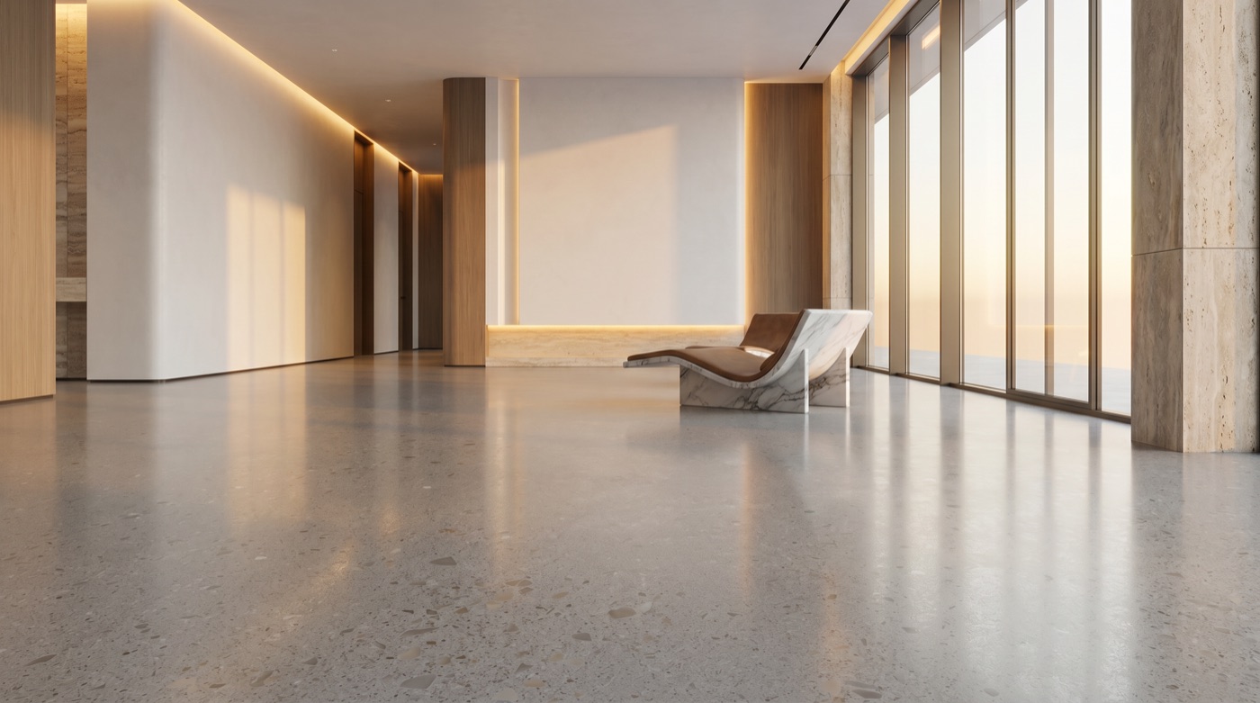 Polierter Sichtestrich in luxuriösem Interieur mit Marmor-Chaiselongue