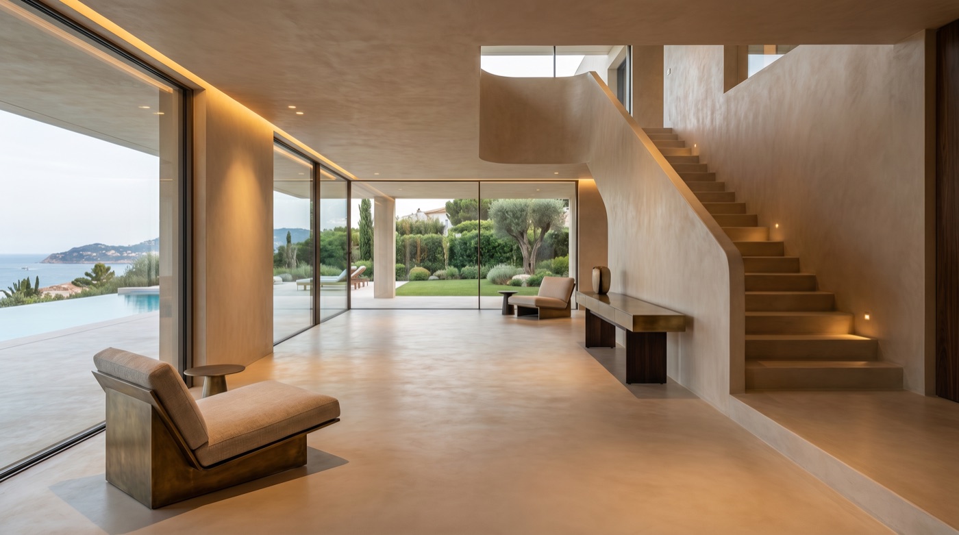Fugenlose HD-Surface in offener Architektur mit nahtlosem Übergang von Wand zu Boden